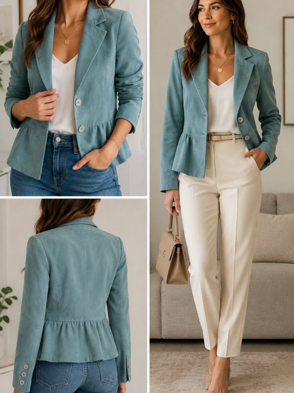 Jessica Petite Teal Faux Suede Peplum Blazer Jacket Size 10P